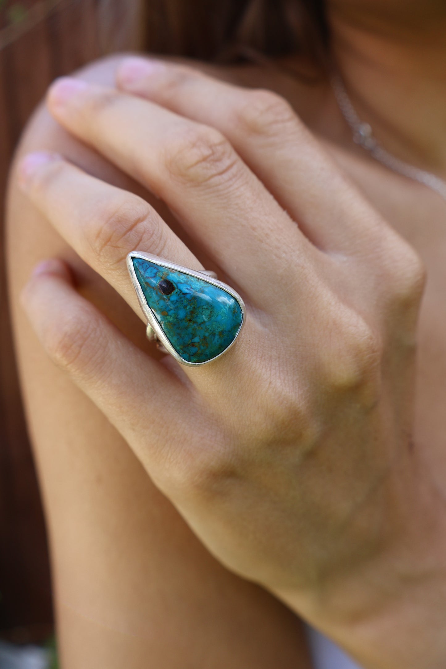 Chunky Blue Chrysocolla Teardrop Spit Band Sterling Silver Ring