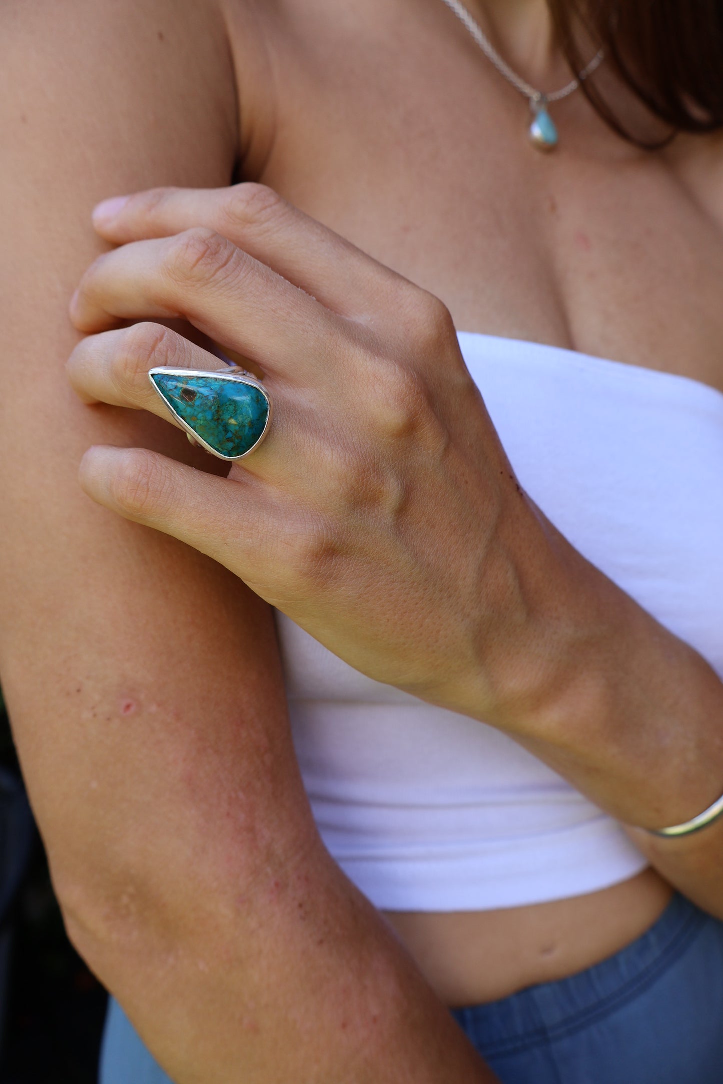 Chunky Blue Chrysocolla Teardrop Spit Band Sterling Silver Ring