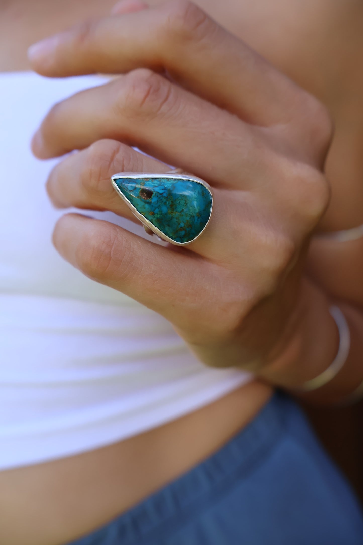 Chunky Blue Chrysocolla Teardrop Spit Band Sterling Silver Ring