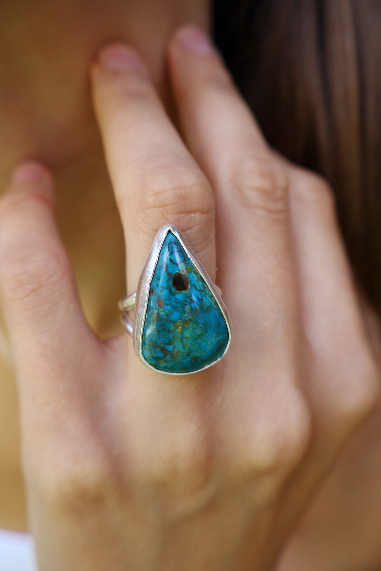 Chunky Blue Chrysocolla Teardrop Spit Band Sterling Silver Ring