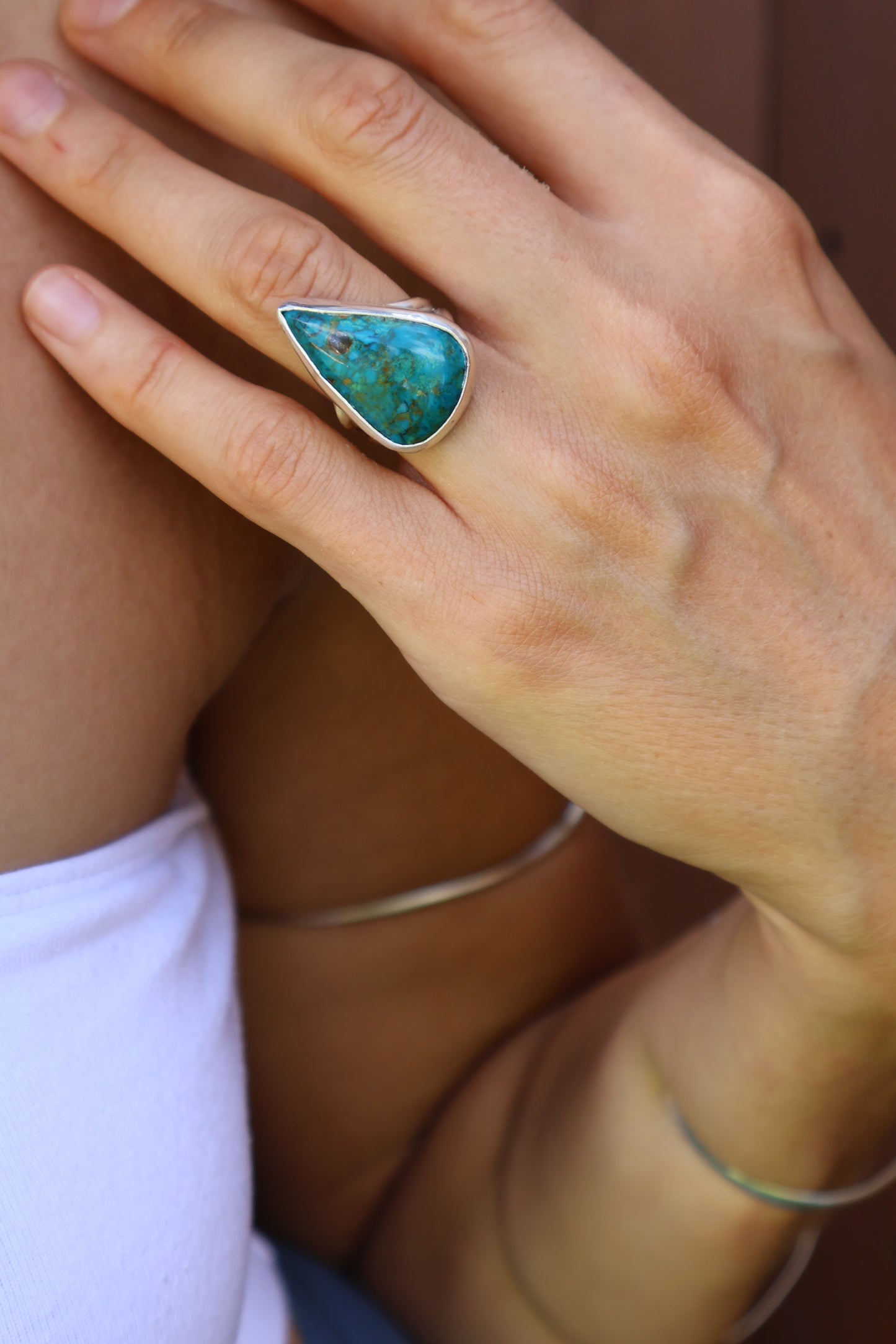 Chunky Blue Chrysocolla Teardrop Spit Band Sterling Silver Ring