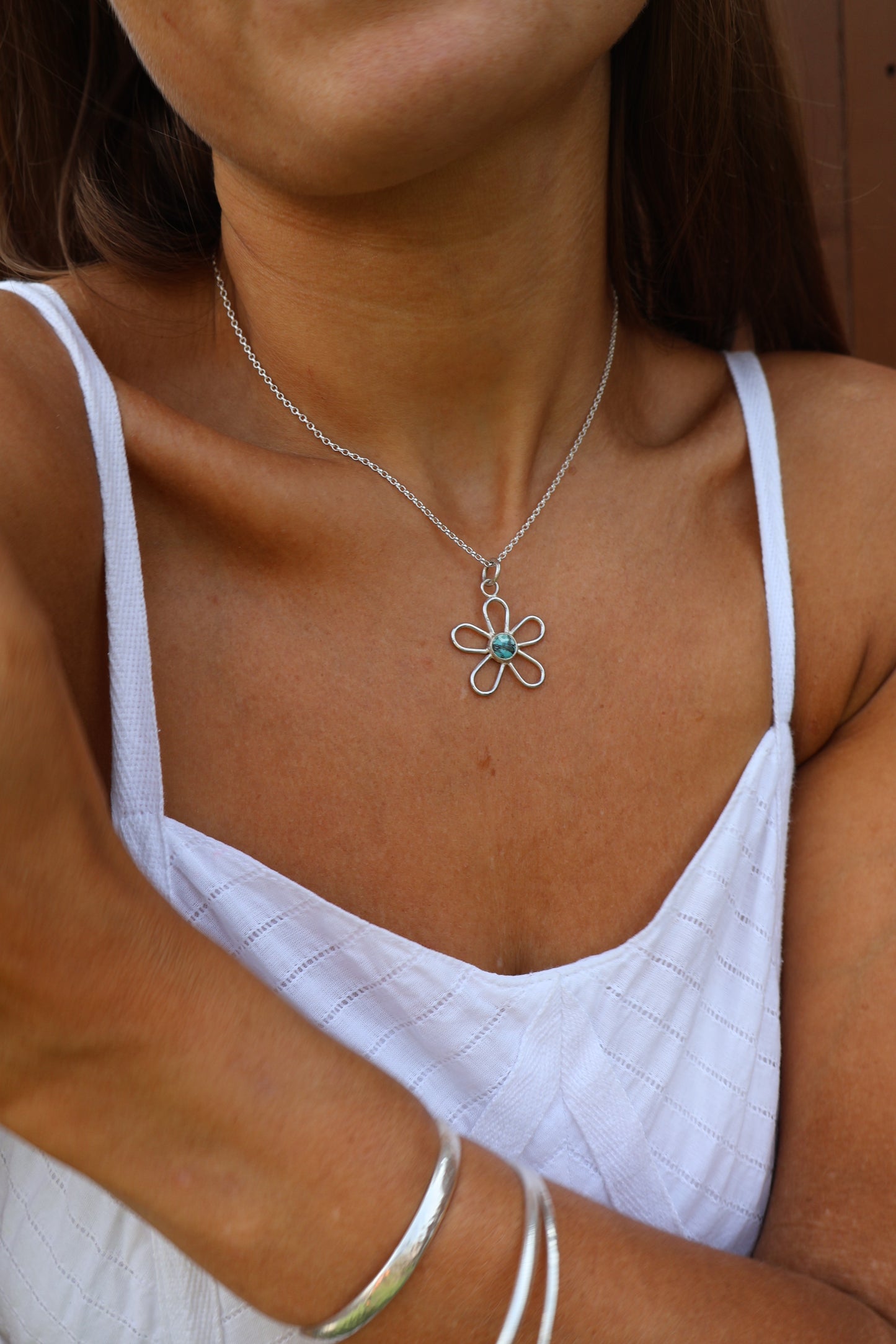 Tibetan Turquoise Sterling Silver Flower Pendant