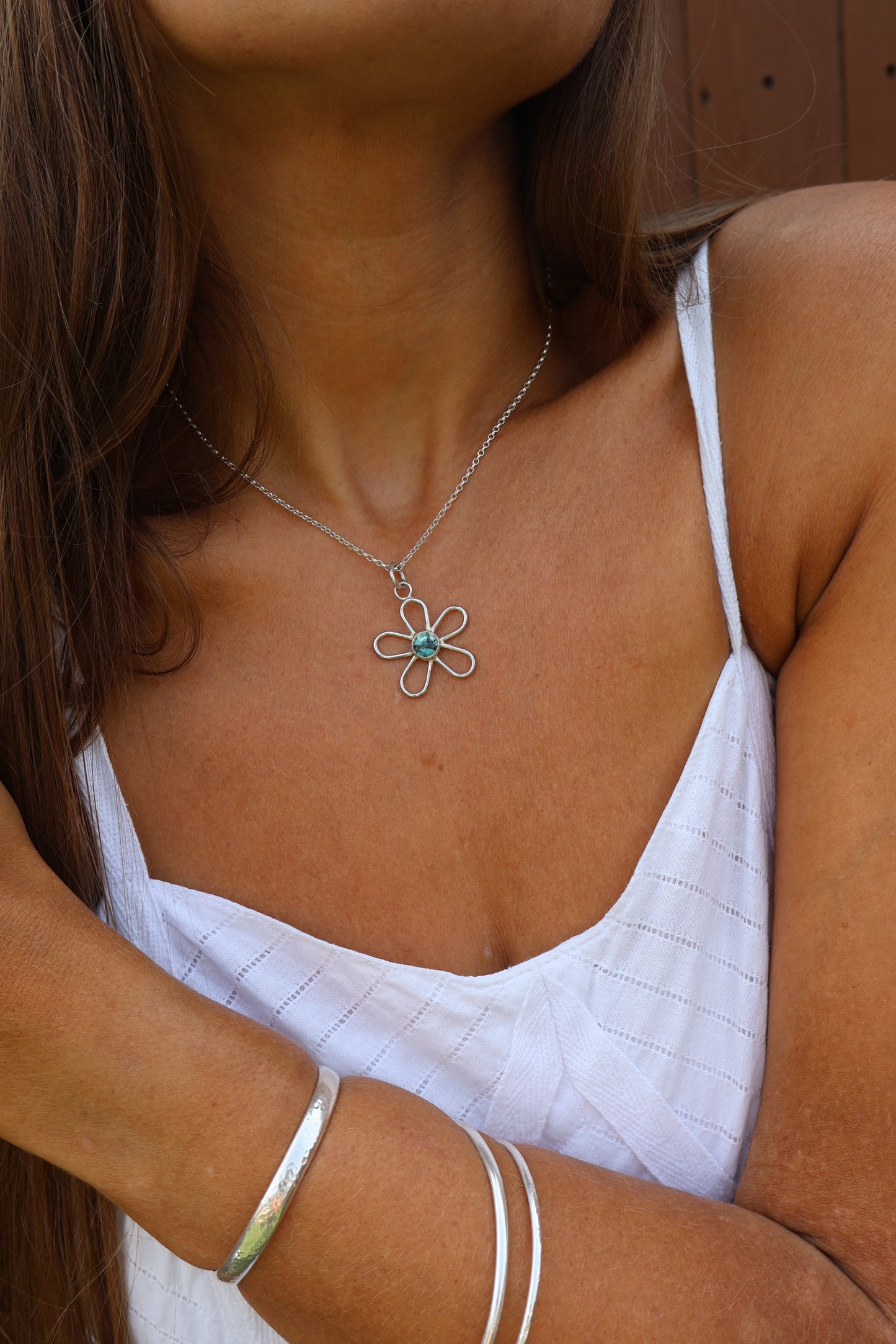 Tibetan Turquoise Sterling Silver Flower Pendant