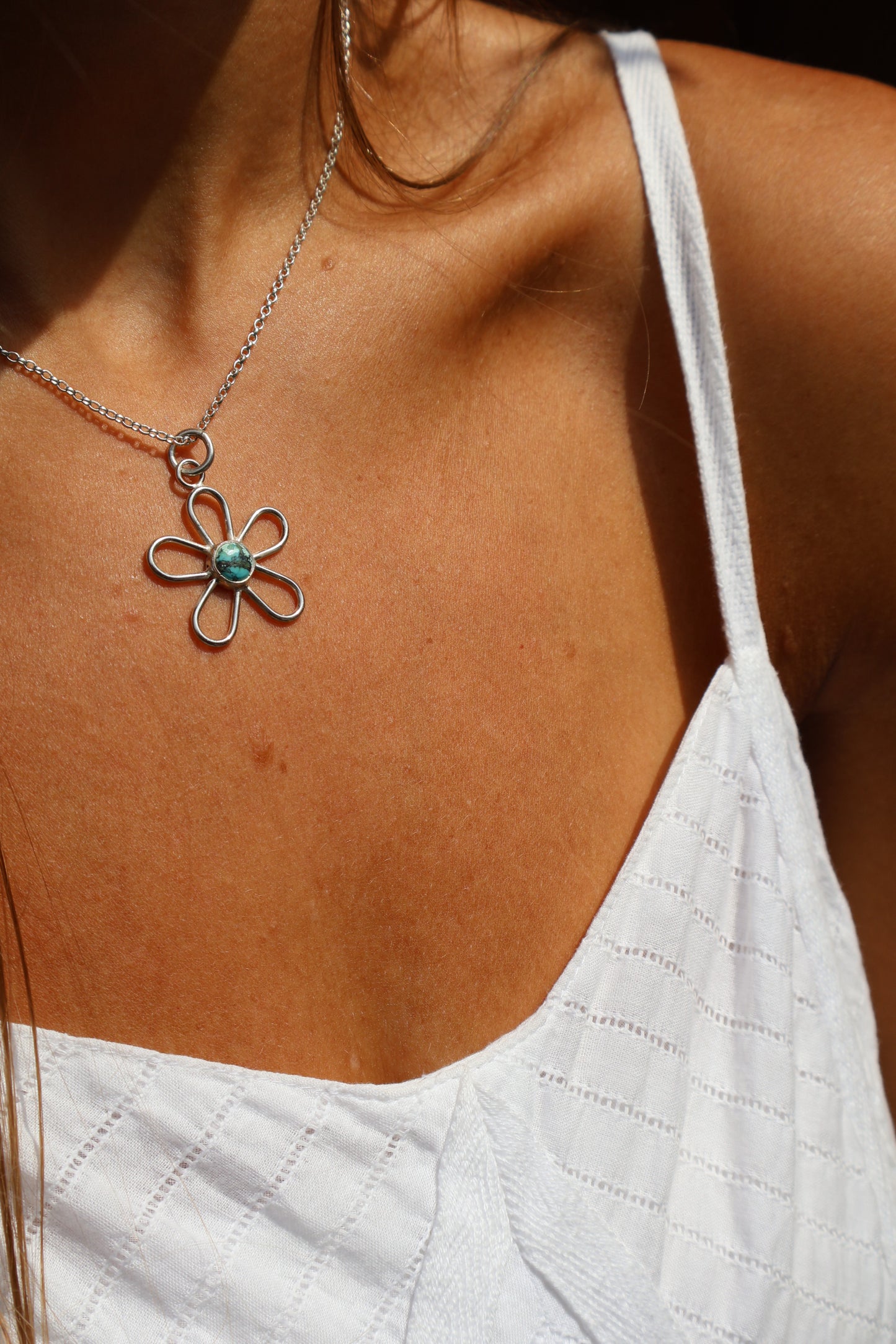 Tibetan Turquoise Sterling Silver Flower Pendant