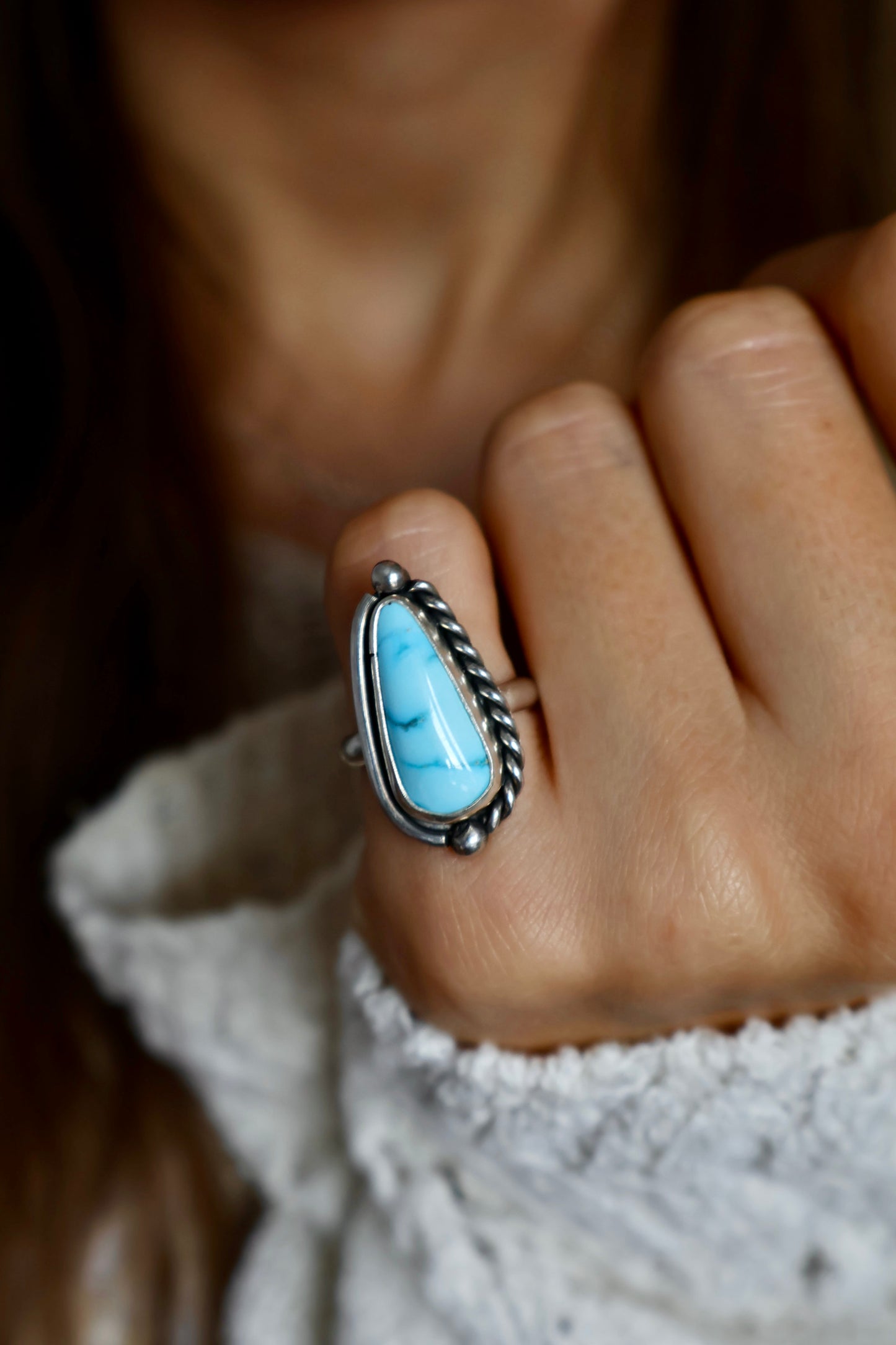 blue detailed sterling silver ring size K