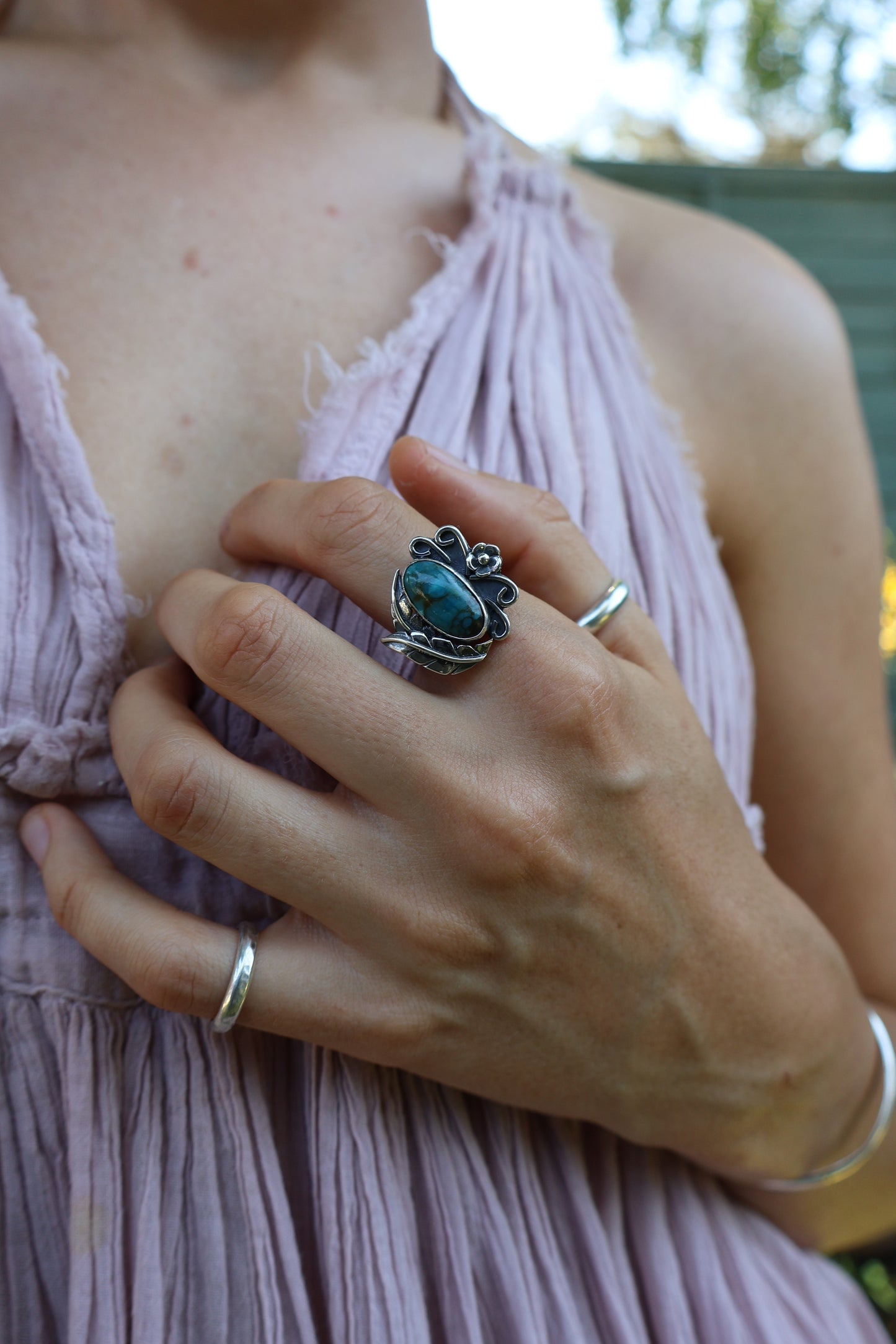 boho sterling silver flower ring size O