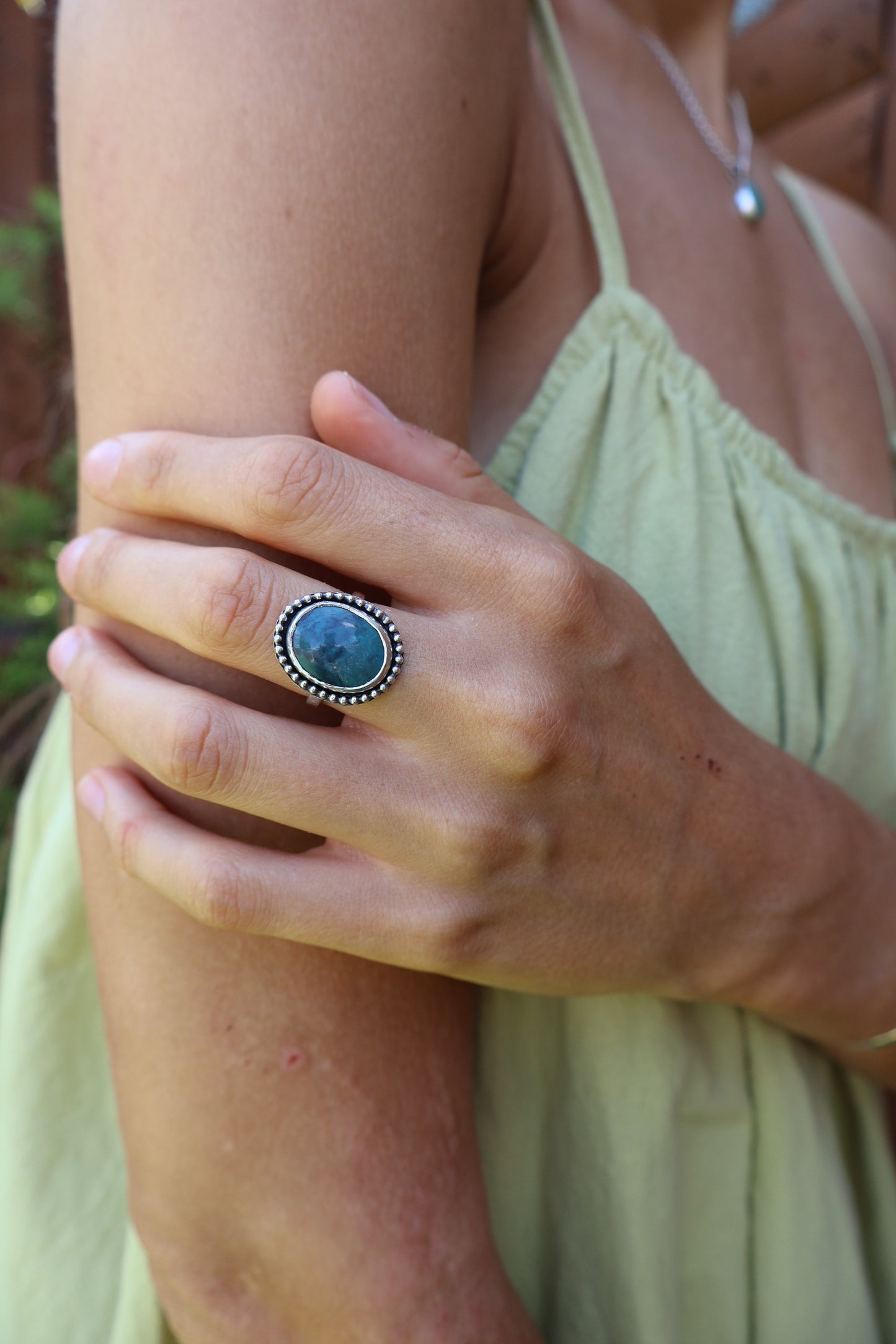 Bohemian sterling silver ring featuring bright Hubei turquoise daisy motif