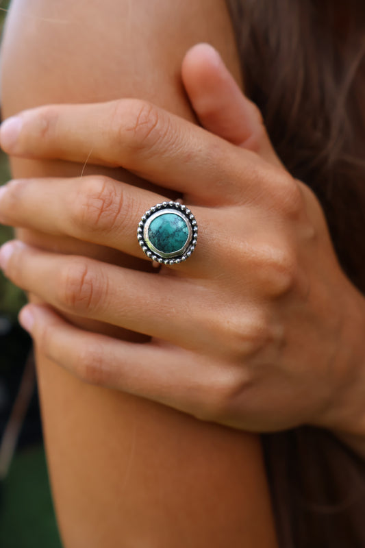 Tibetan Turquoise Round Sterling Silver Ring