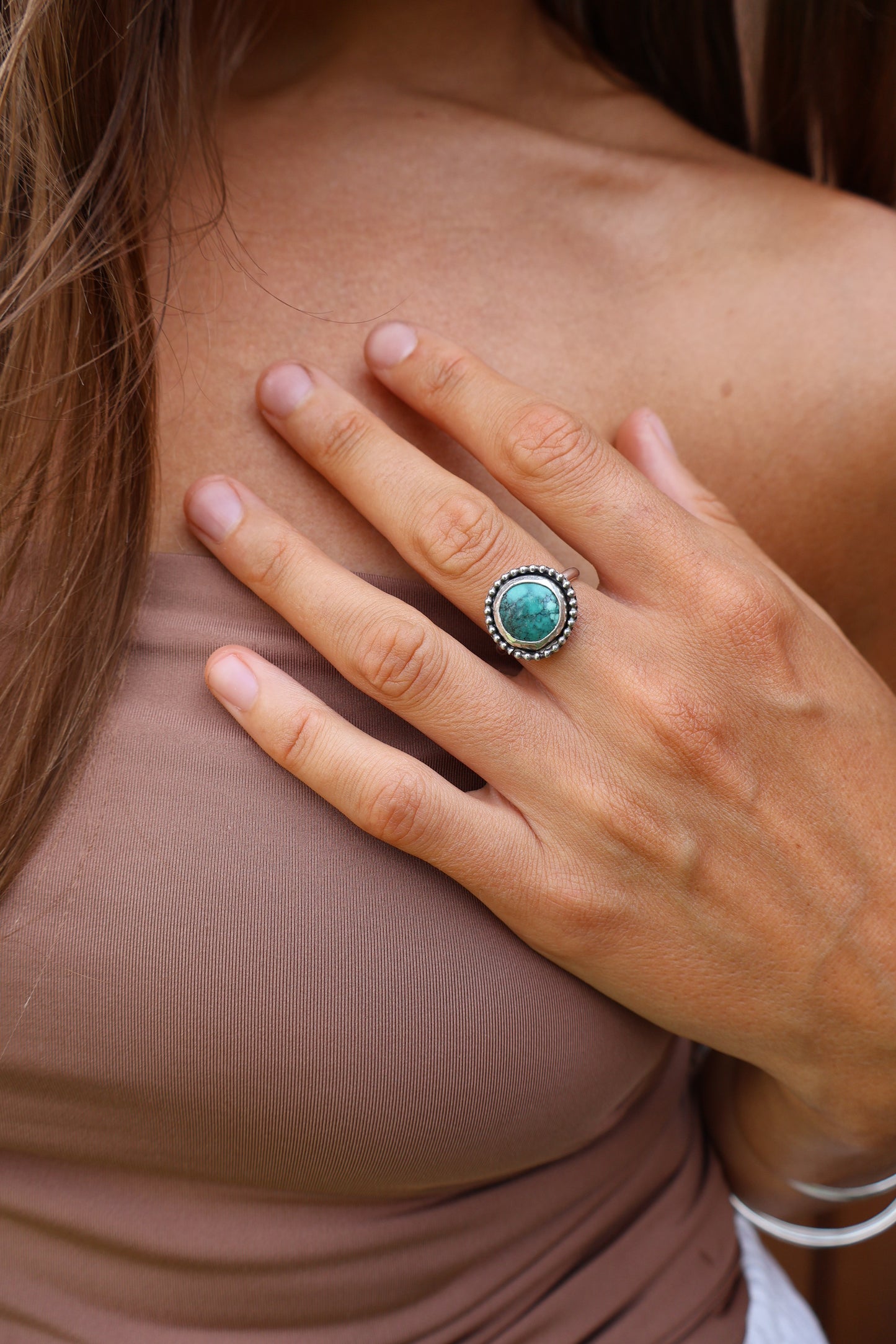 Tibetan Turquoise Round Sterling Silver Ring