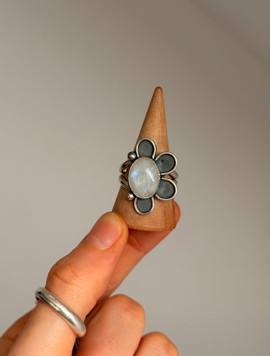moonstone flower power sterling silver ring