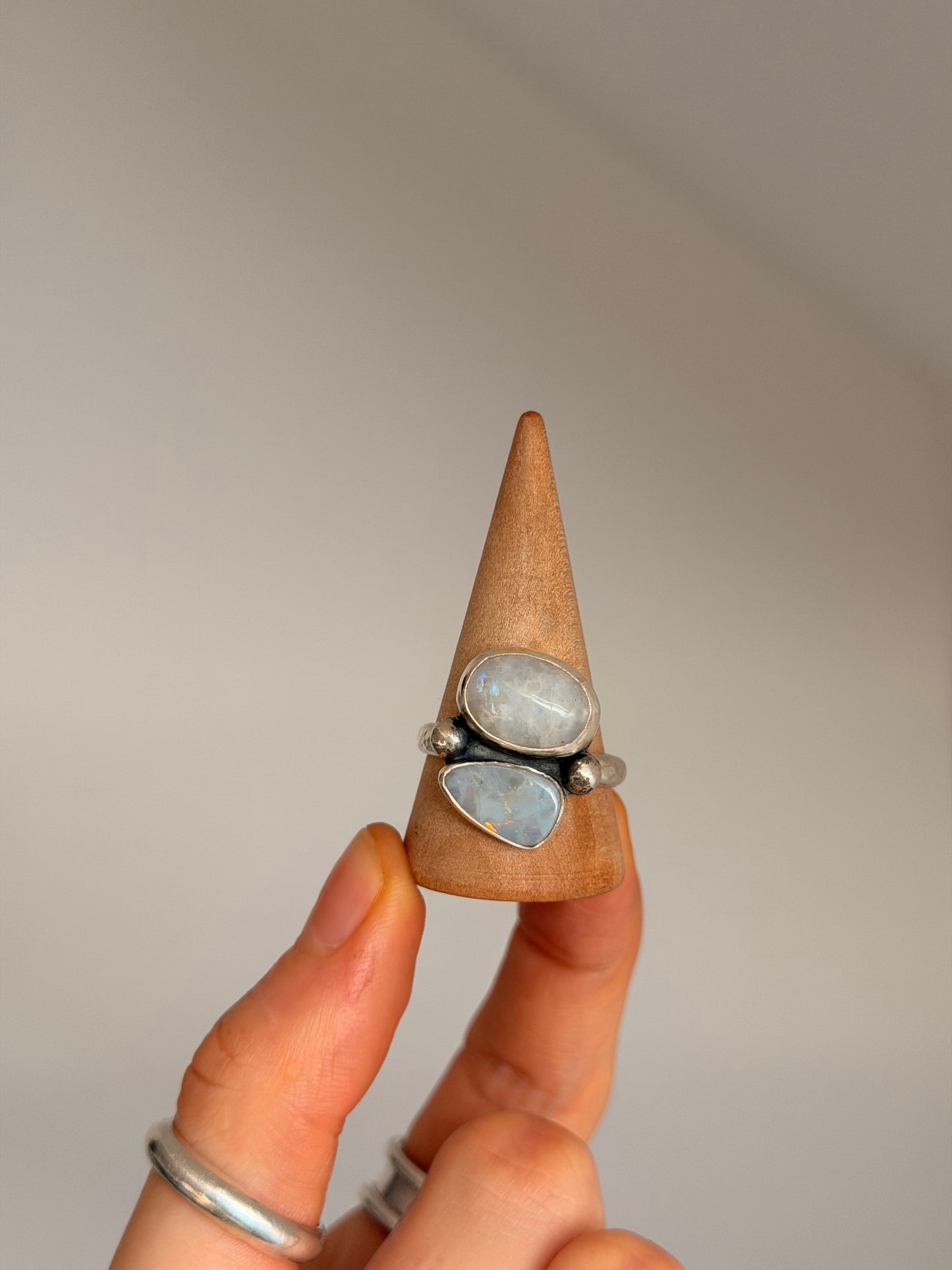 moonstone & opal chunky sterling silver ring size T 1/2