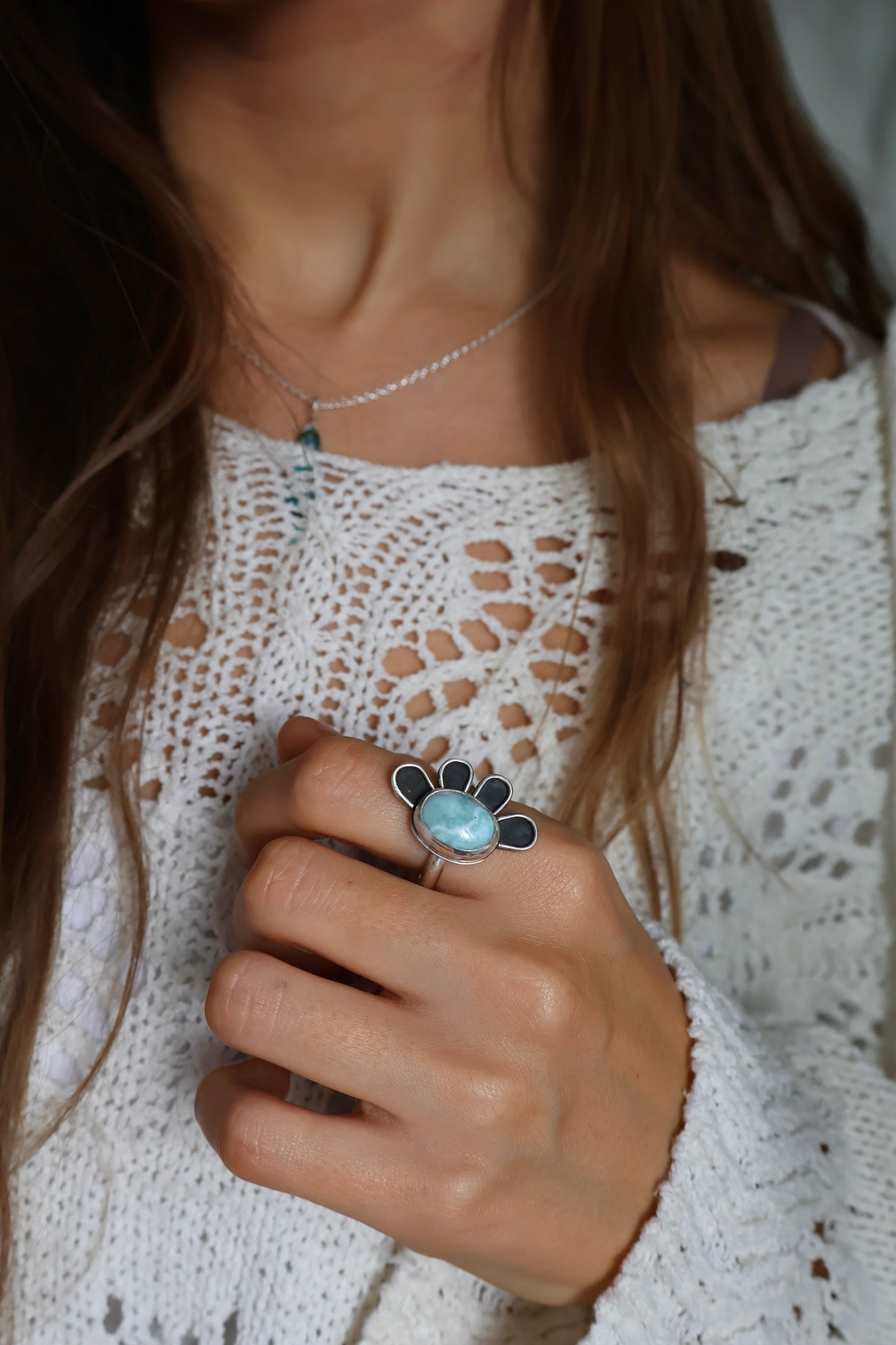flower power larimar sterling silver ring size R