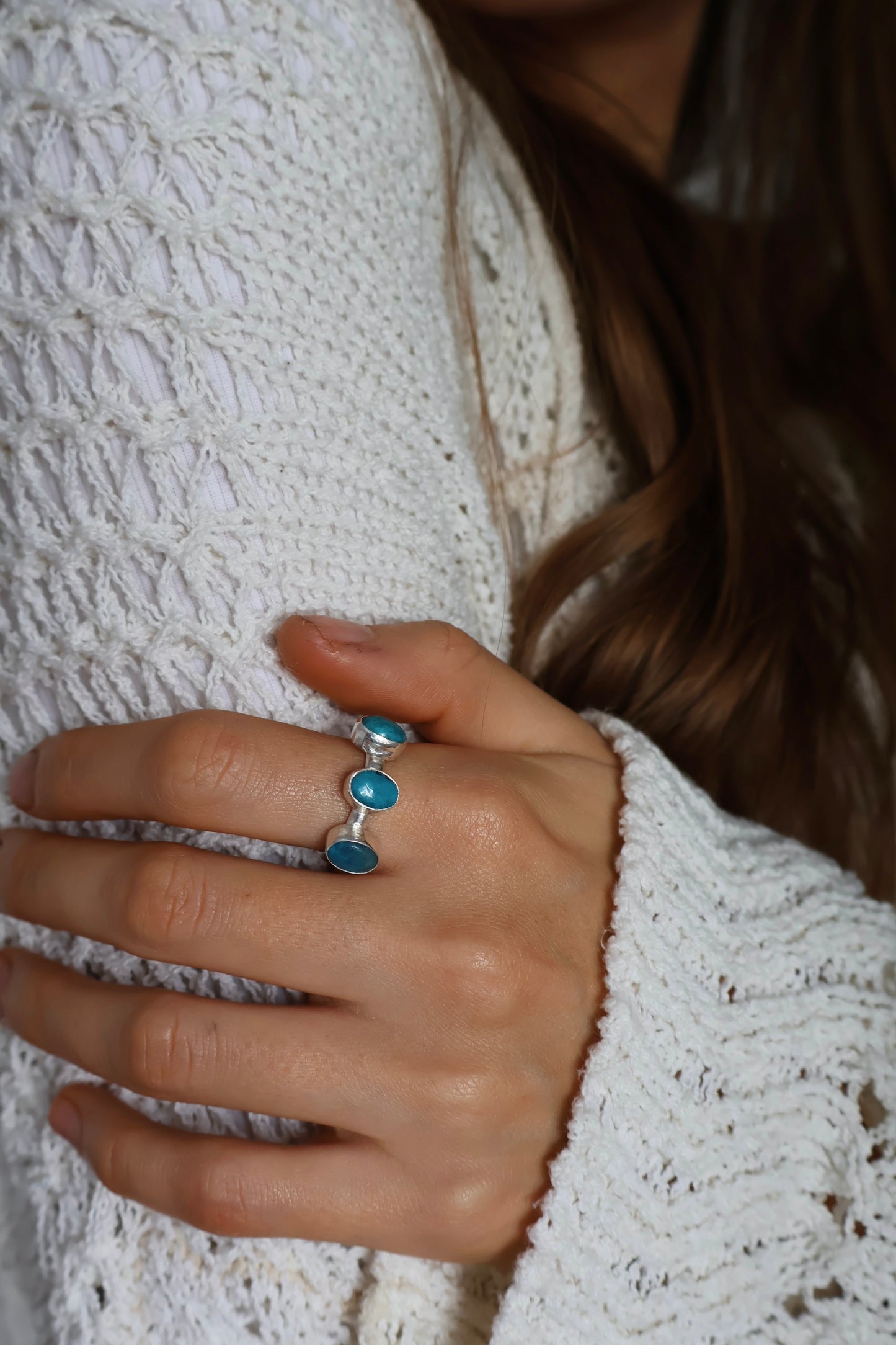 three blue stone sterling silver handmade ring size Q