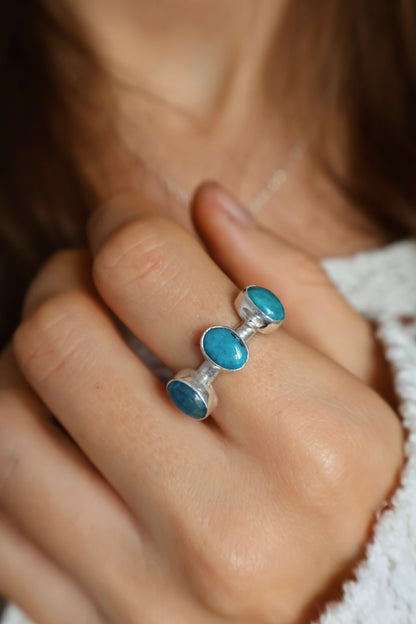 three blue stone sterling silver handmade ring size Q