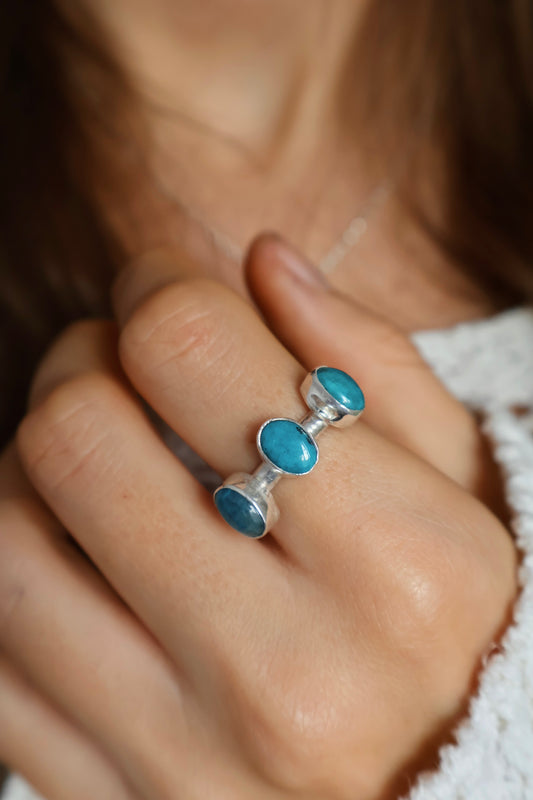 three blue stone sterling silver handmade ring size Q