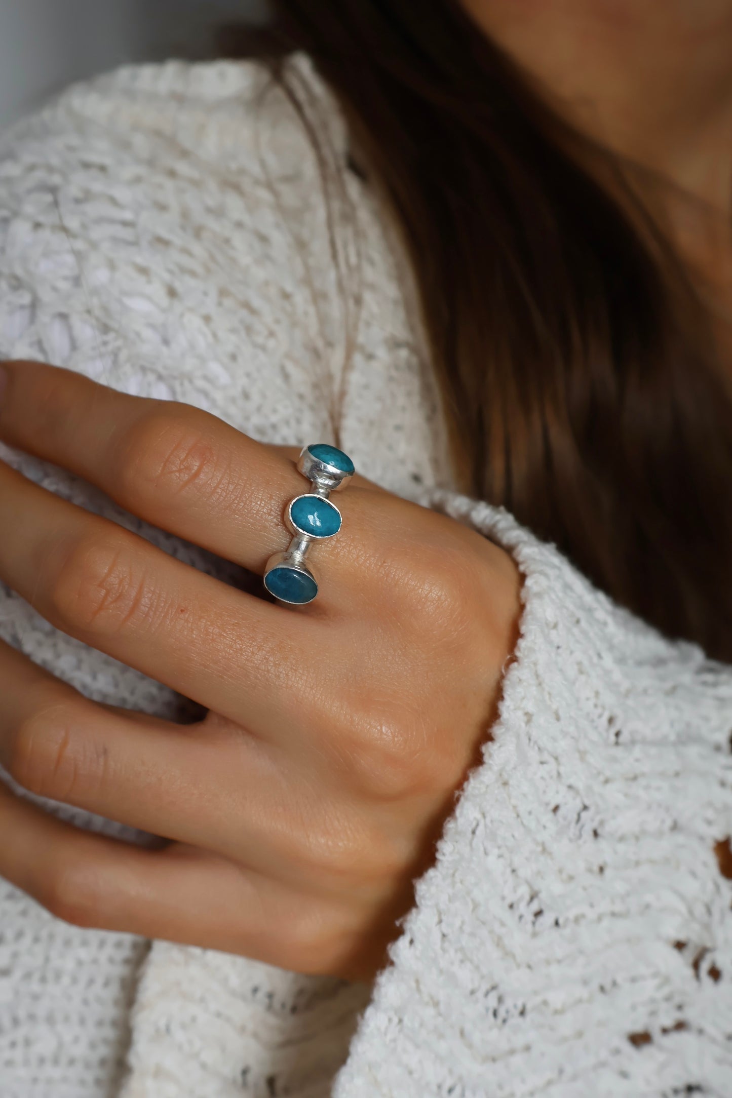 three blue stone sterling silver handmade ring size Q