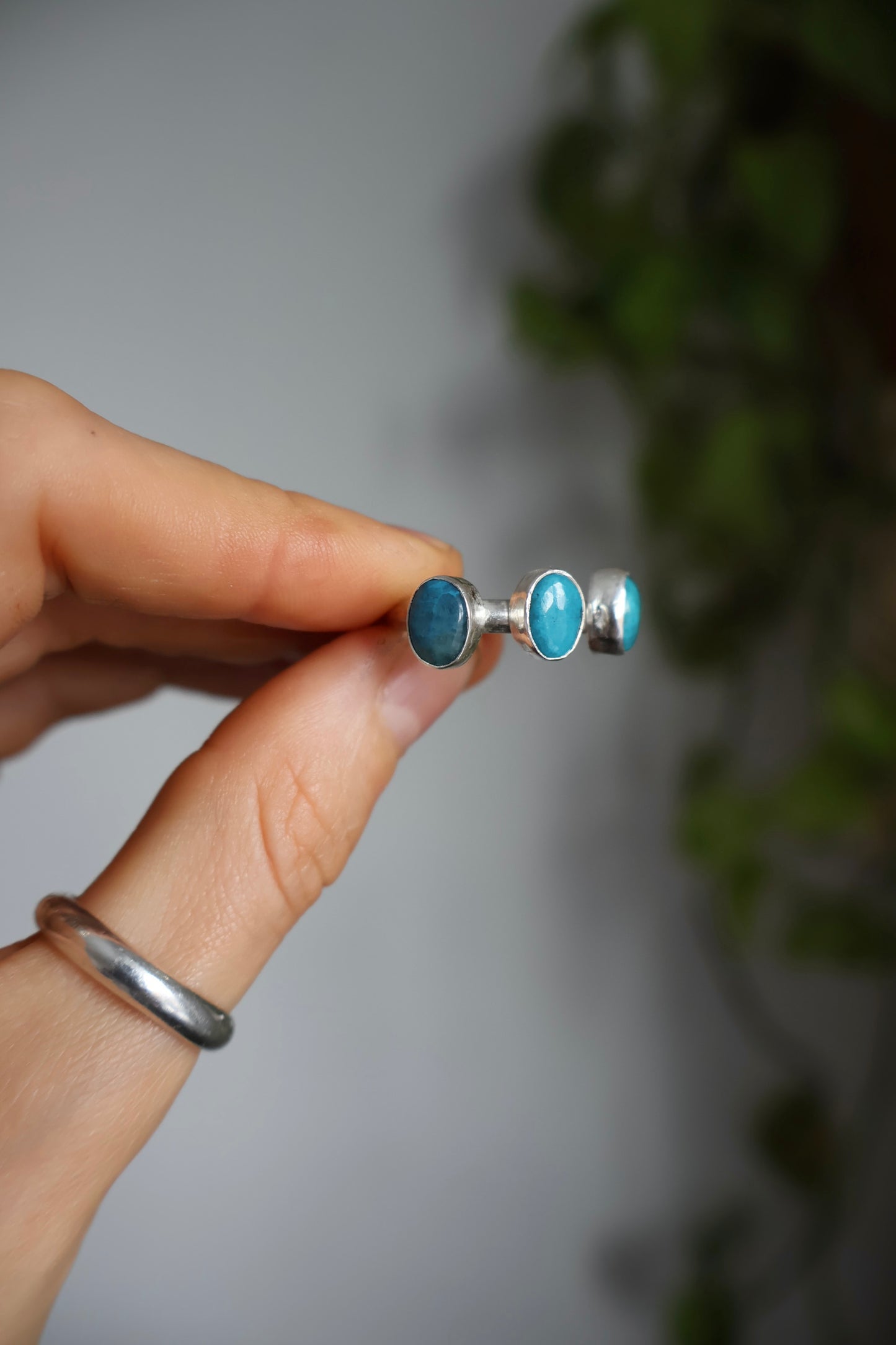 three blue stone sterling silver handmade ring size Q