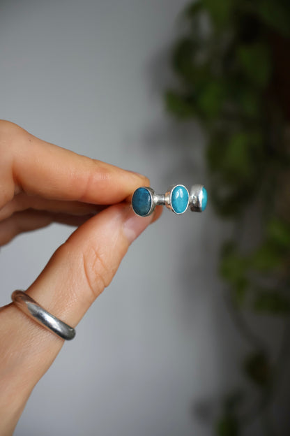 three blue stone sterling silver handmade ring size Q