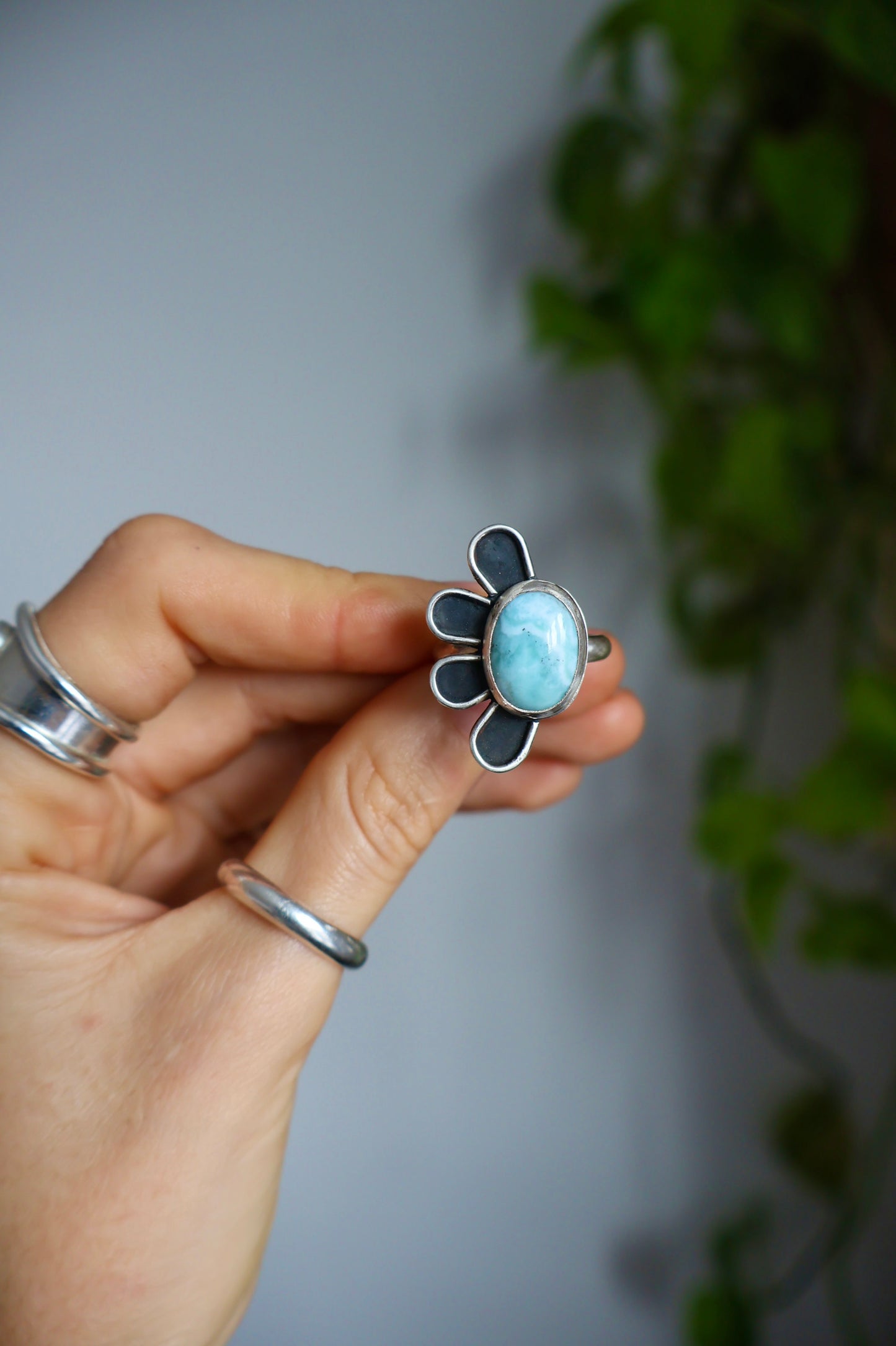 flower power larimar sterling silver ring size R