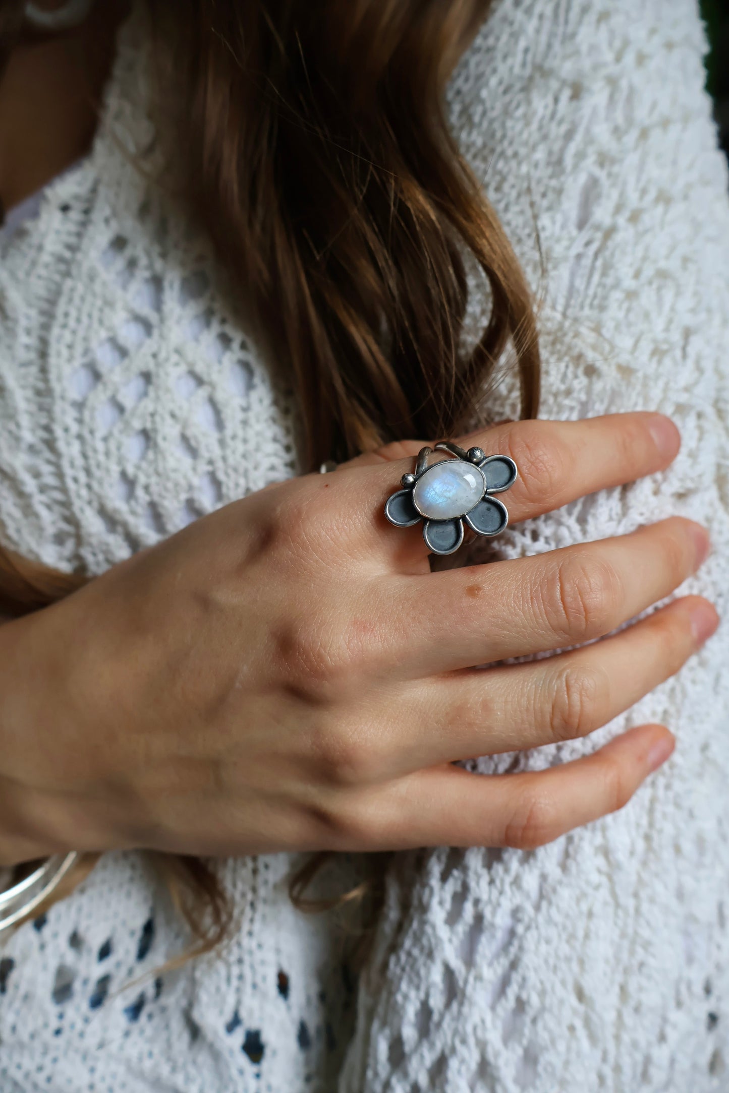 moonstone flower power sterling silver ring