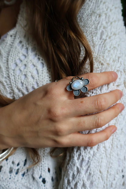 moonstone flower power sterling silver ring