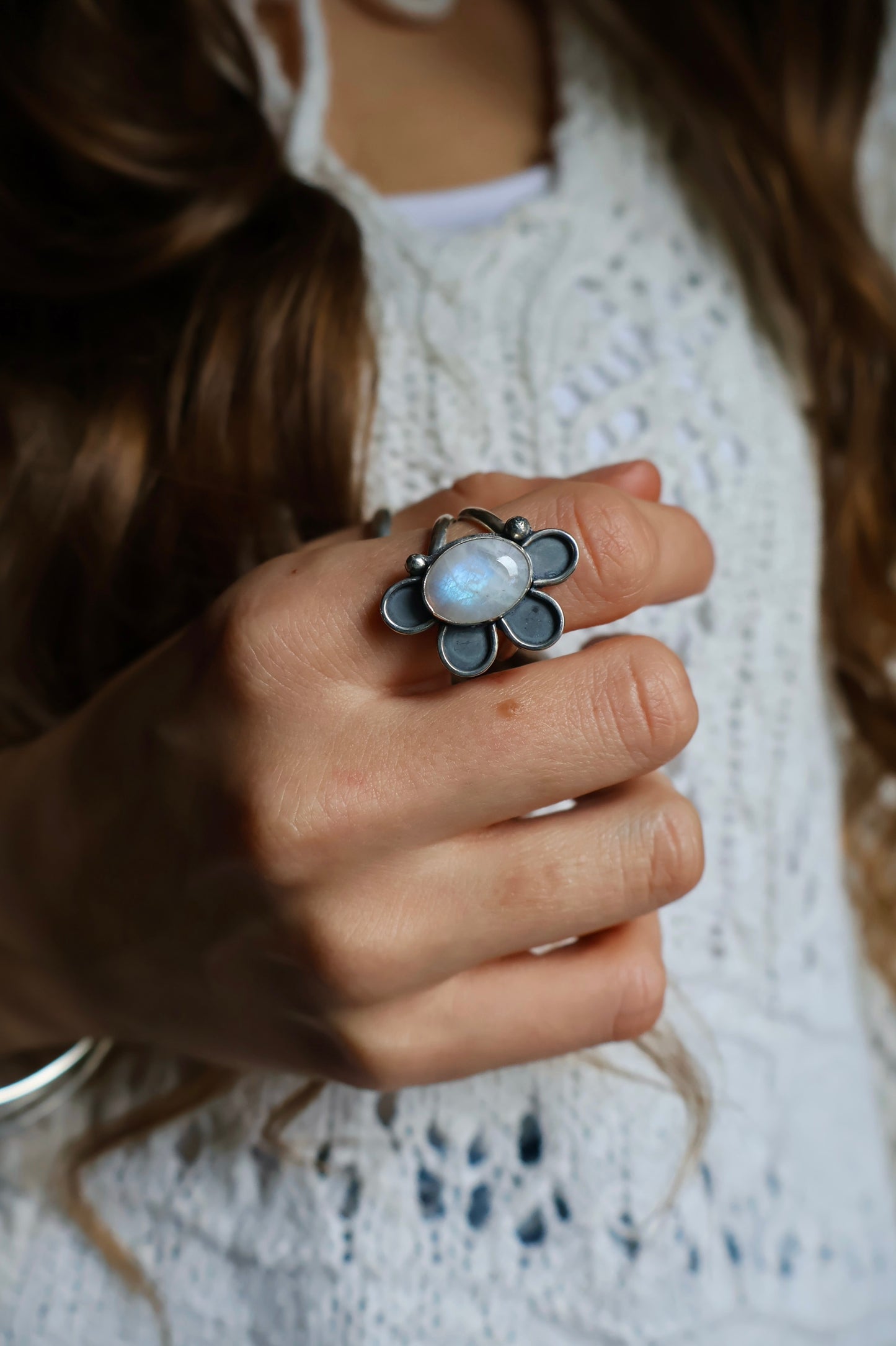 moonstone flower power sterling silver ring