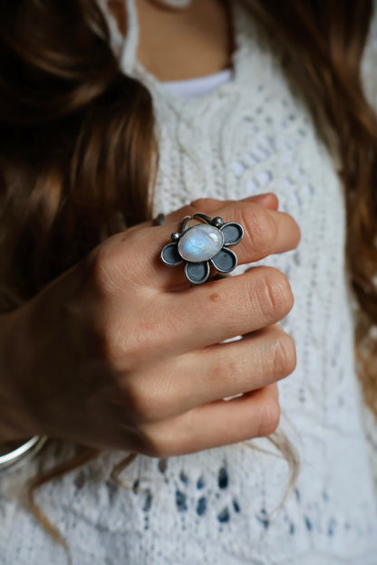 moonstone flower power sterling silver ring