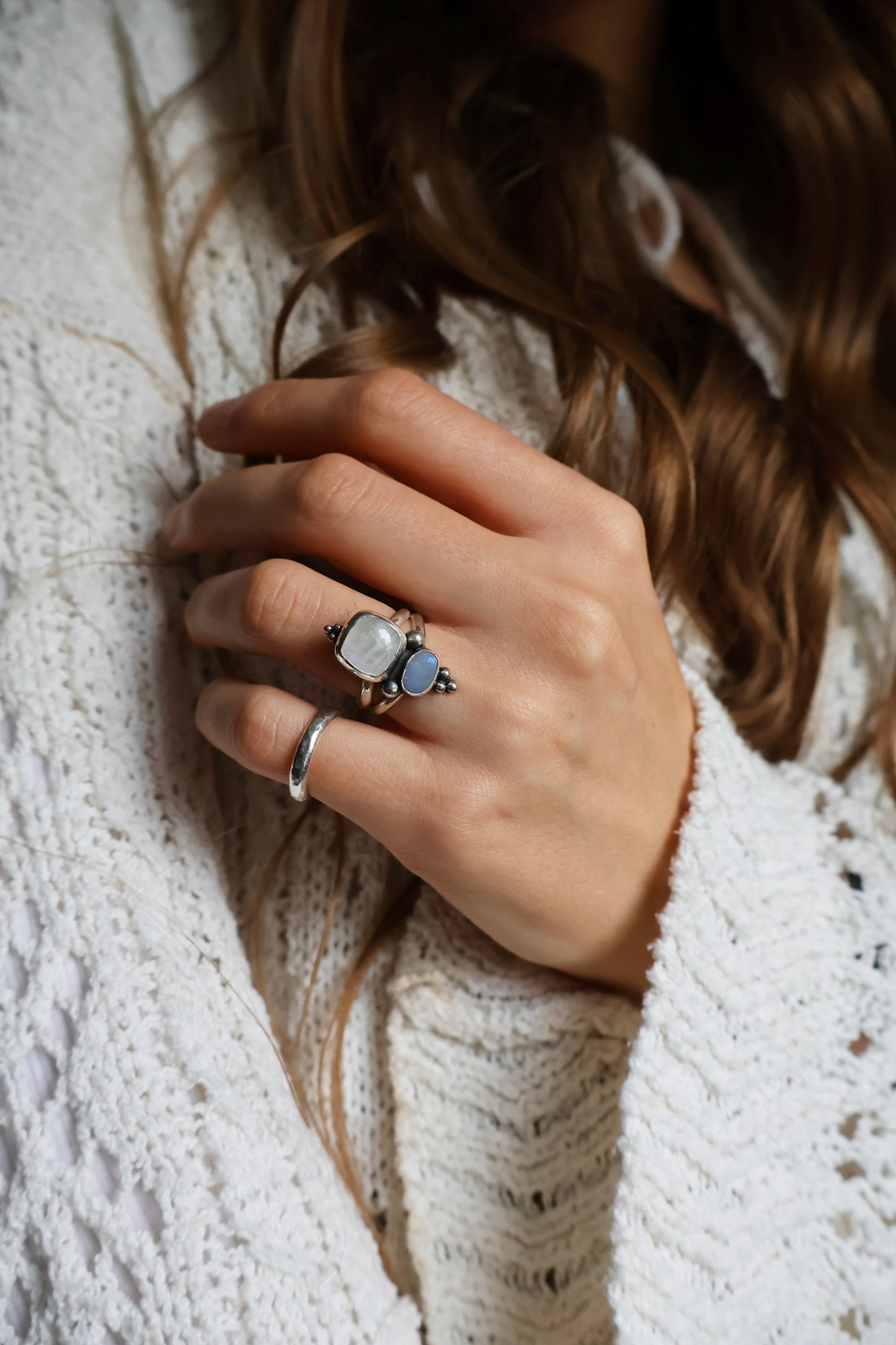 moonstone & opal detailed sterling silver ring size k 1/2