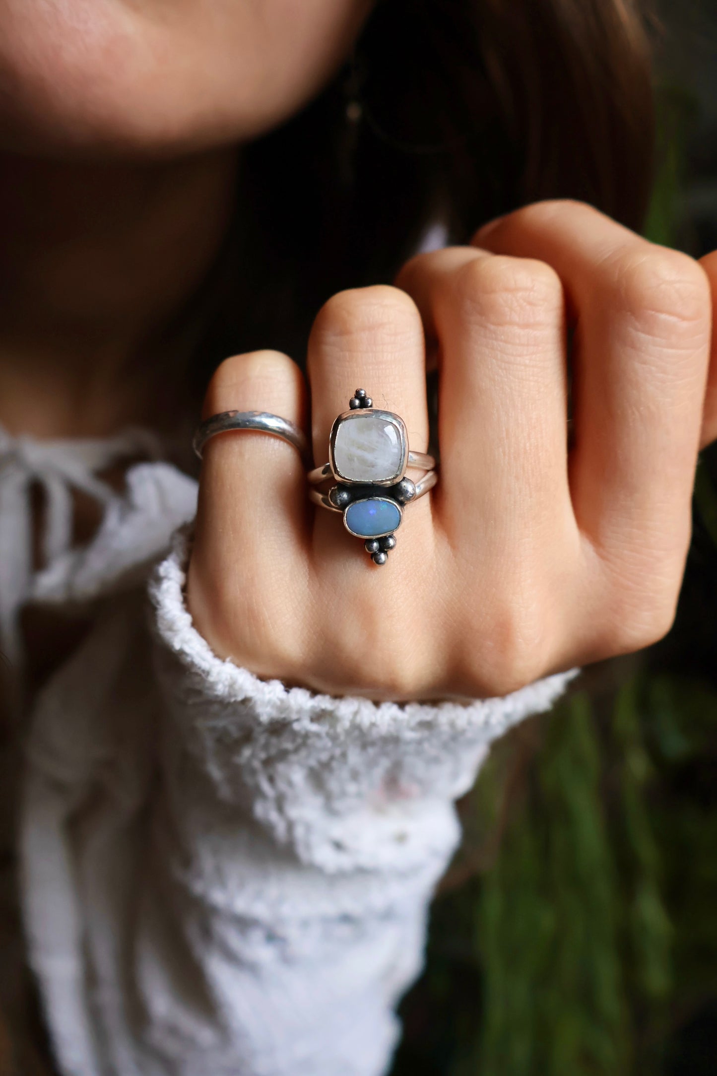 moonstone & opal detailed sterling silver ring size k 1/2