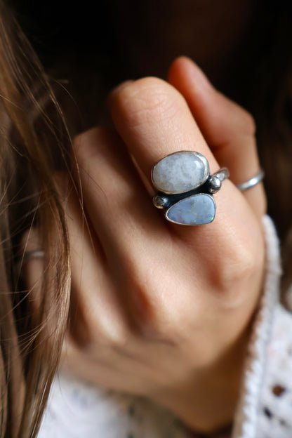 moonstone & opal chunky sterling silver ring size T 1/2