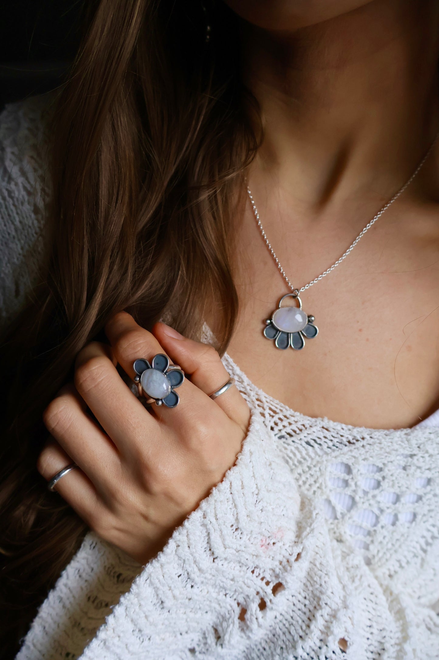moonstone flower power sterling silver pendant