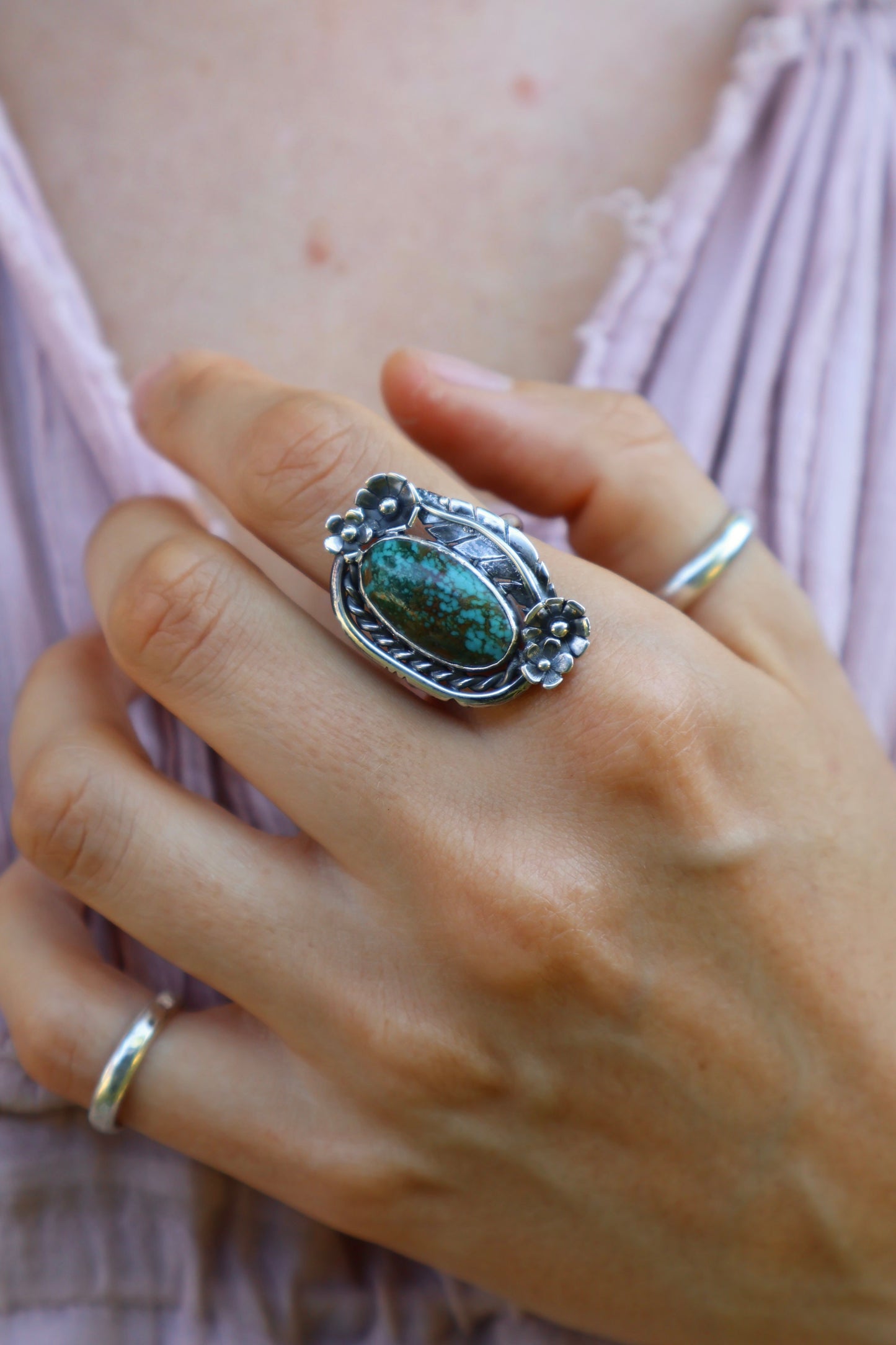 chunky statement flower feather sterling silver ring size T