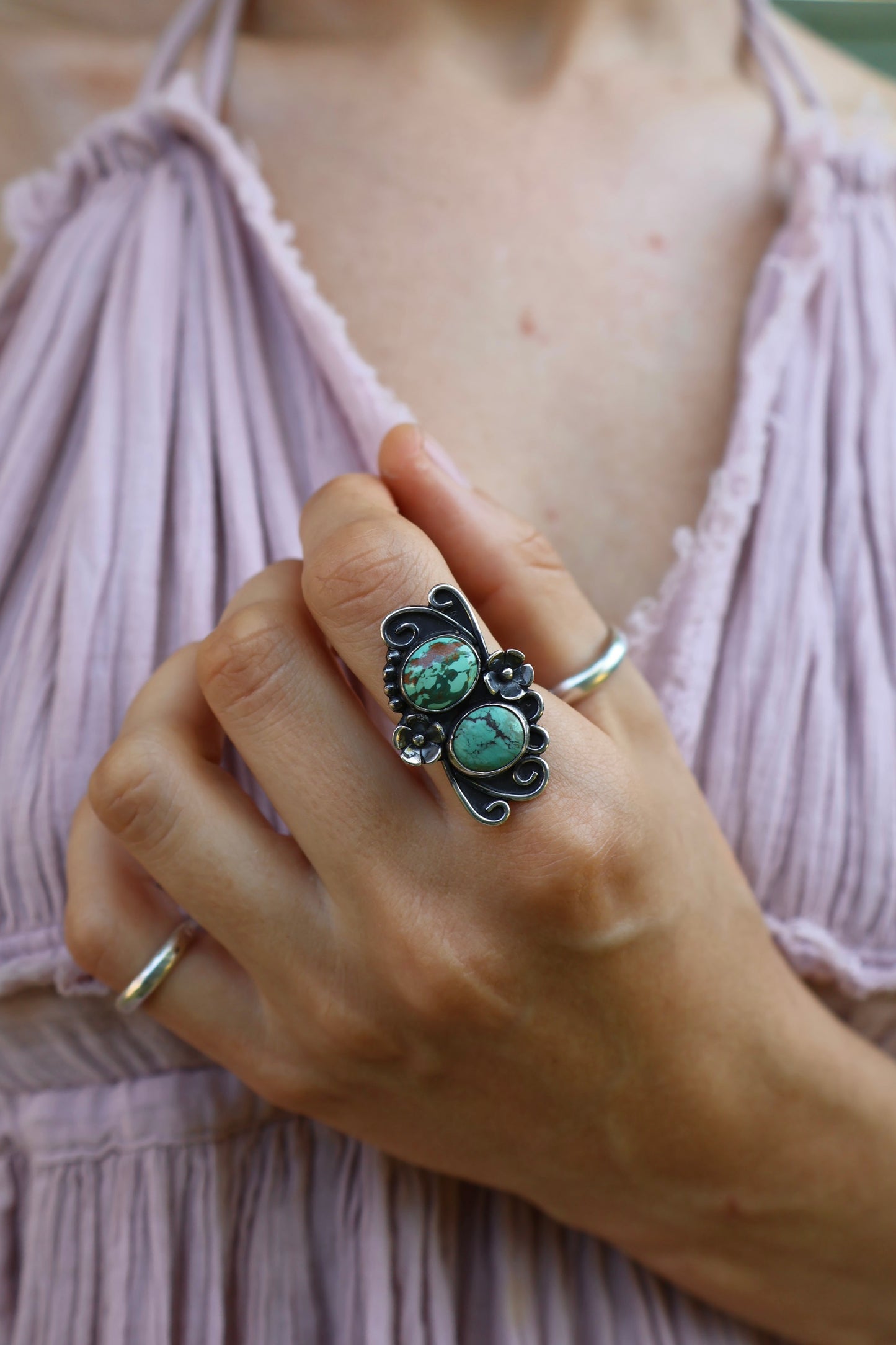 boho two stone chunky sterling silver flower ring size N