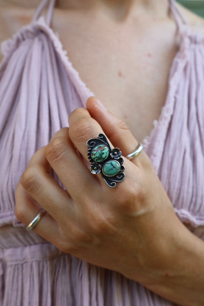 boho two stone chunky sterling silver flower ring size N
