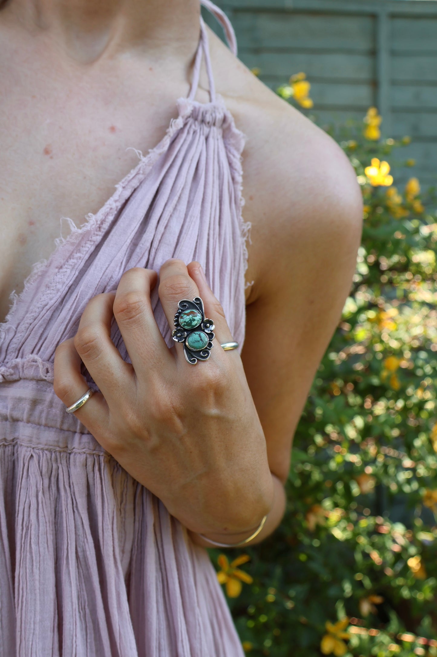 boho two stone chunky sterling silver flower ring size N
