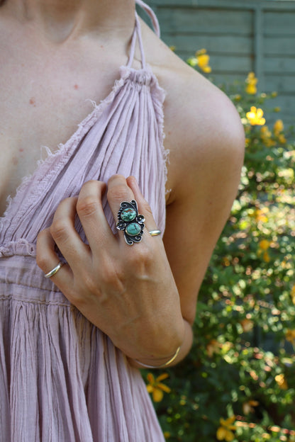 boho two stone chunky sterling silver flower ring size N