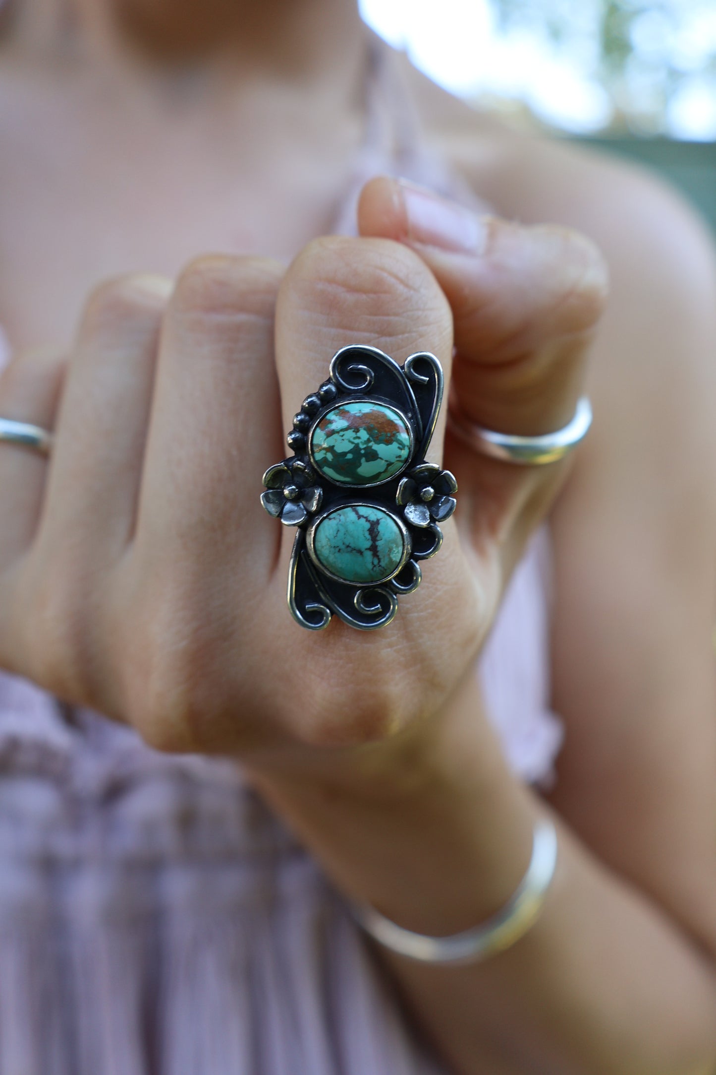 boho two stone chunky sterling silver flower ring size N