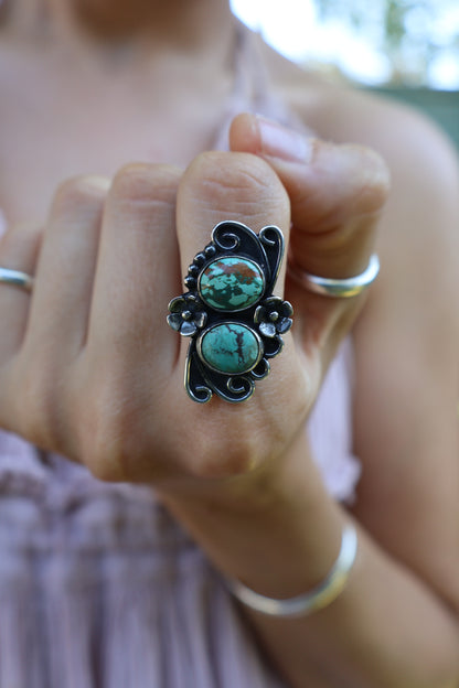 boho two stone chunky sterling silver flower ring size N