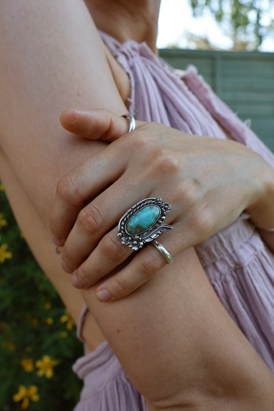 chunky statement flower feather sterling silver ring size L 1/2