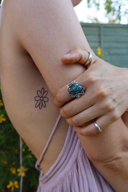 boho sterling silver flower ring size O