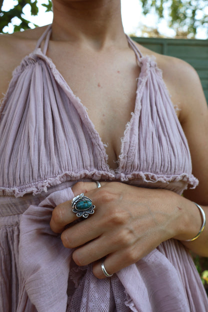 boho sterling silver flower ring size O