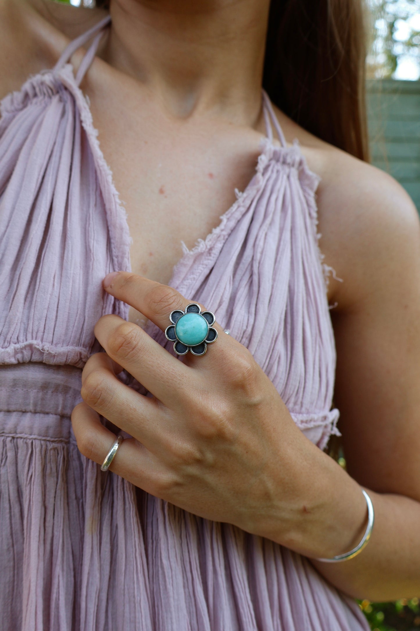 blue flower power sterling silver ring size N 1/2