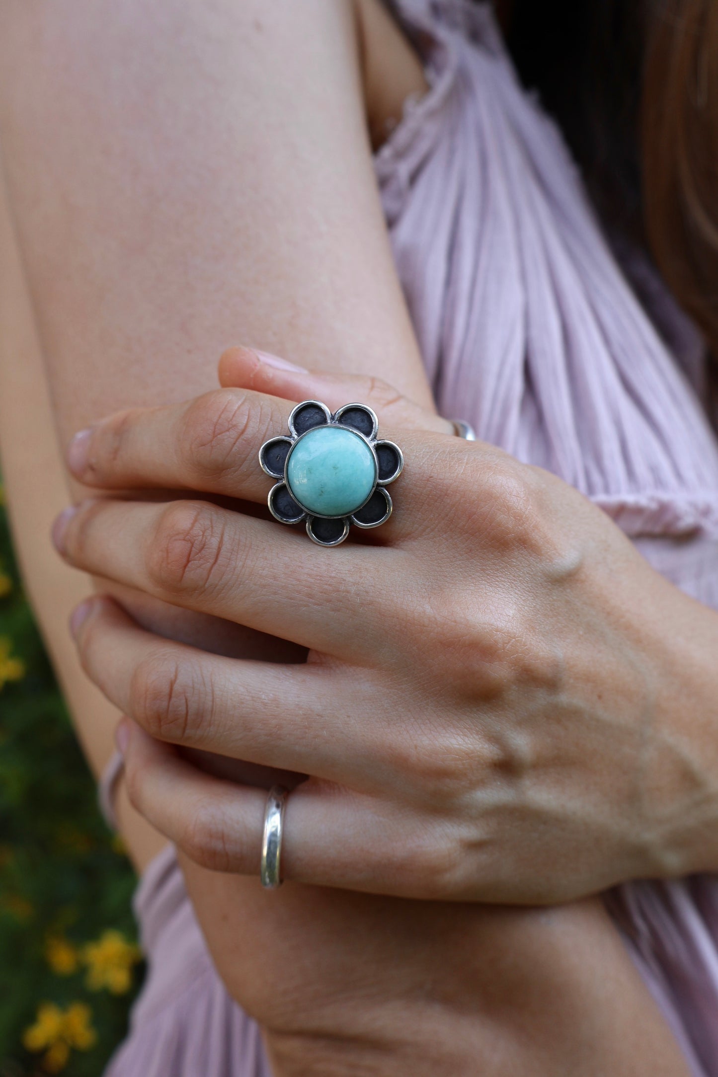 blue flower power sterling silver ring size N 1/2