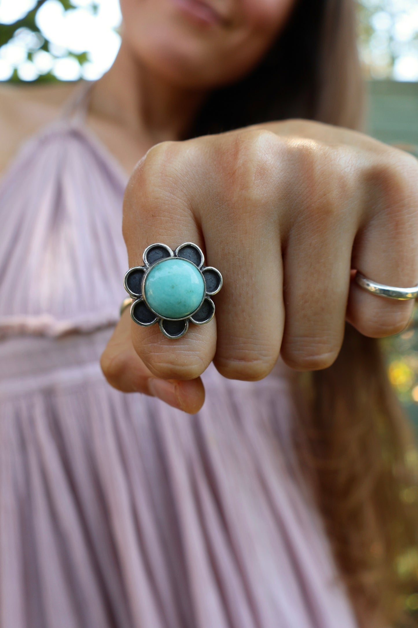 blue flower power sterling silver ring size N 1/2
