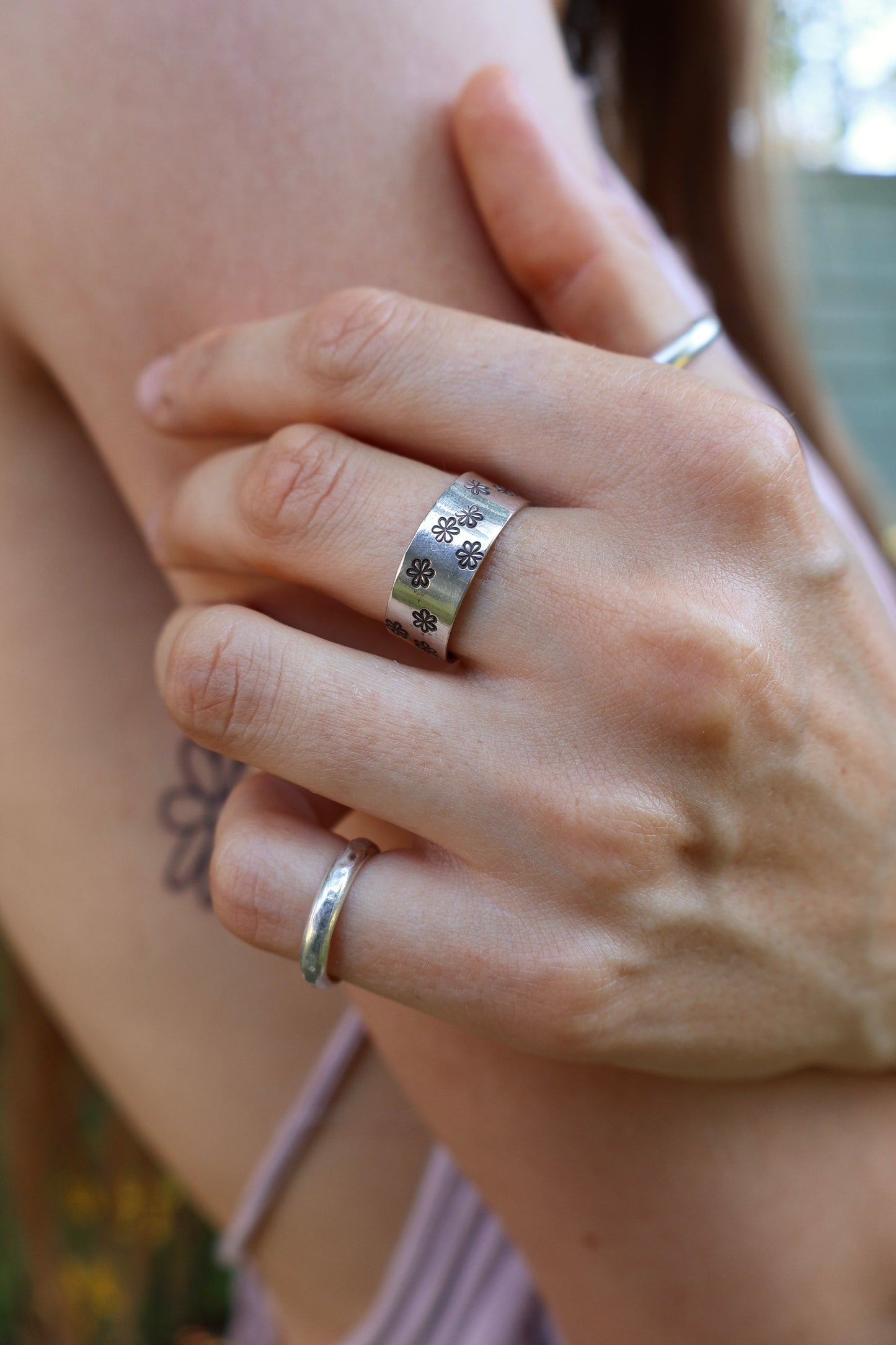 stamped flower sterling silver chunky ring band