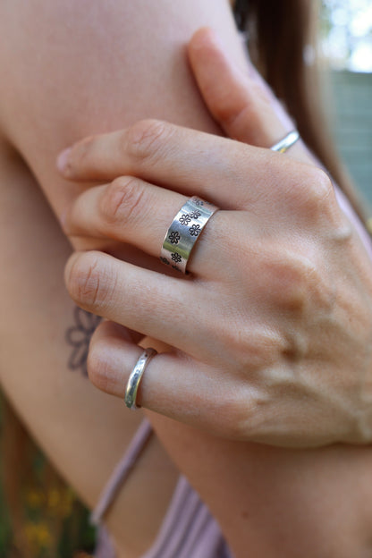 stamped flower sterling silver chunky ring band