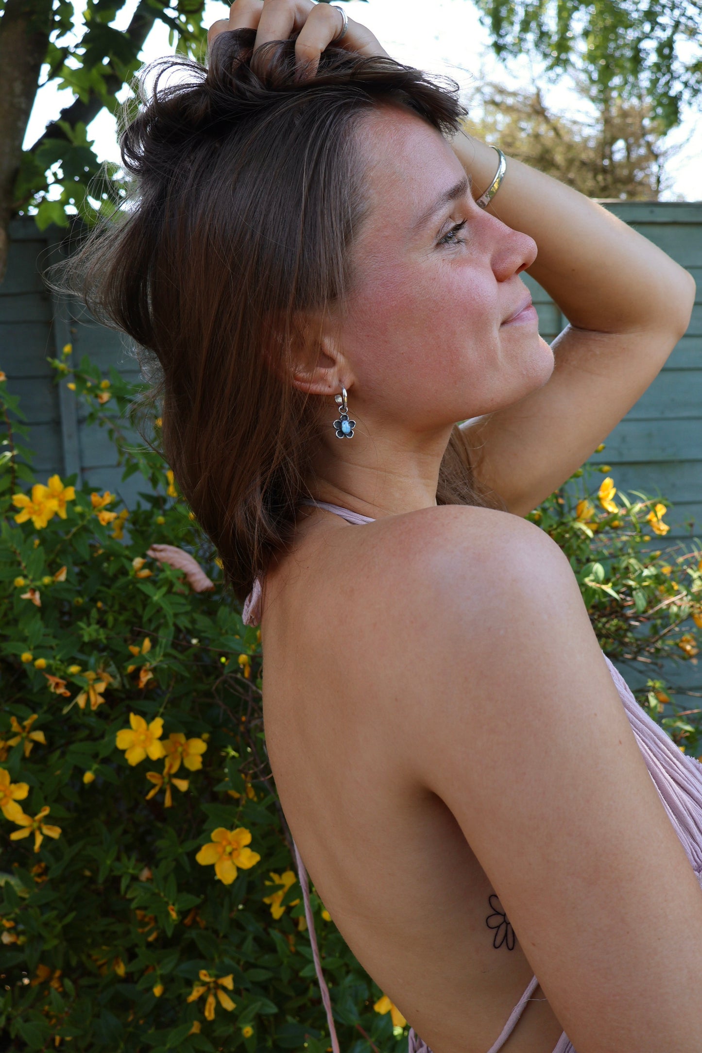 flower blue sterling silver hooped earrings