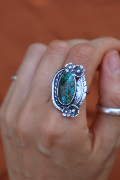 chunky statement flower feather sterling silver ring size T