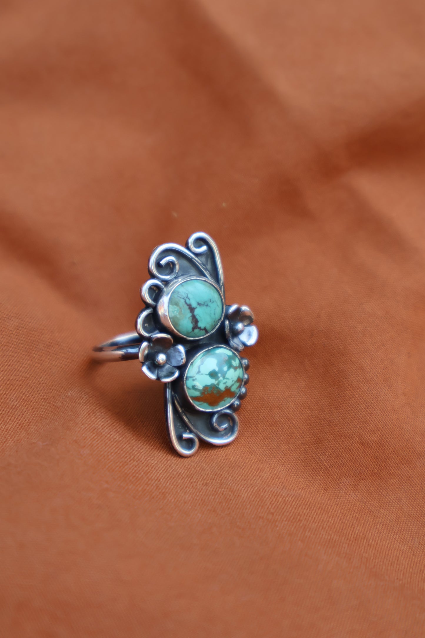 boho two stone chunky sterling silver flower ring size N