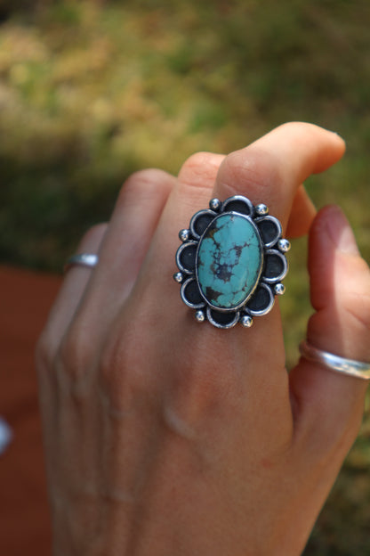 Large chunky flower power detailed sterling silver statement ring size O
